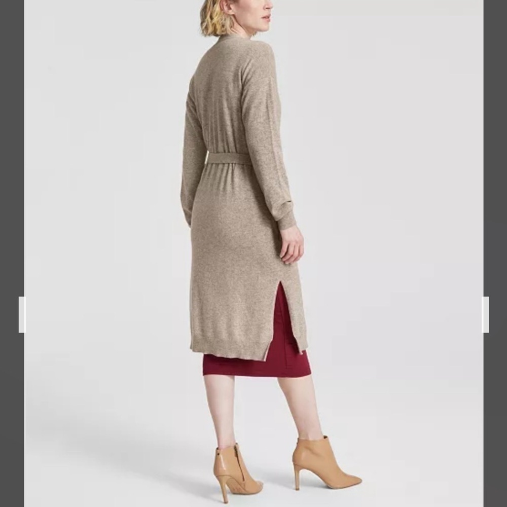 Charter Club Tie-Waist Longline 100% Cashmere Cardigan in Pearl Taupe Heather S - Picture 2 of 9